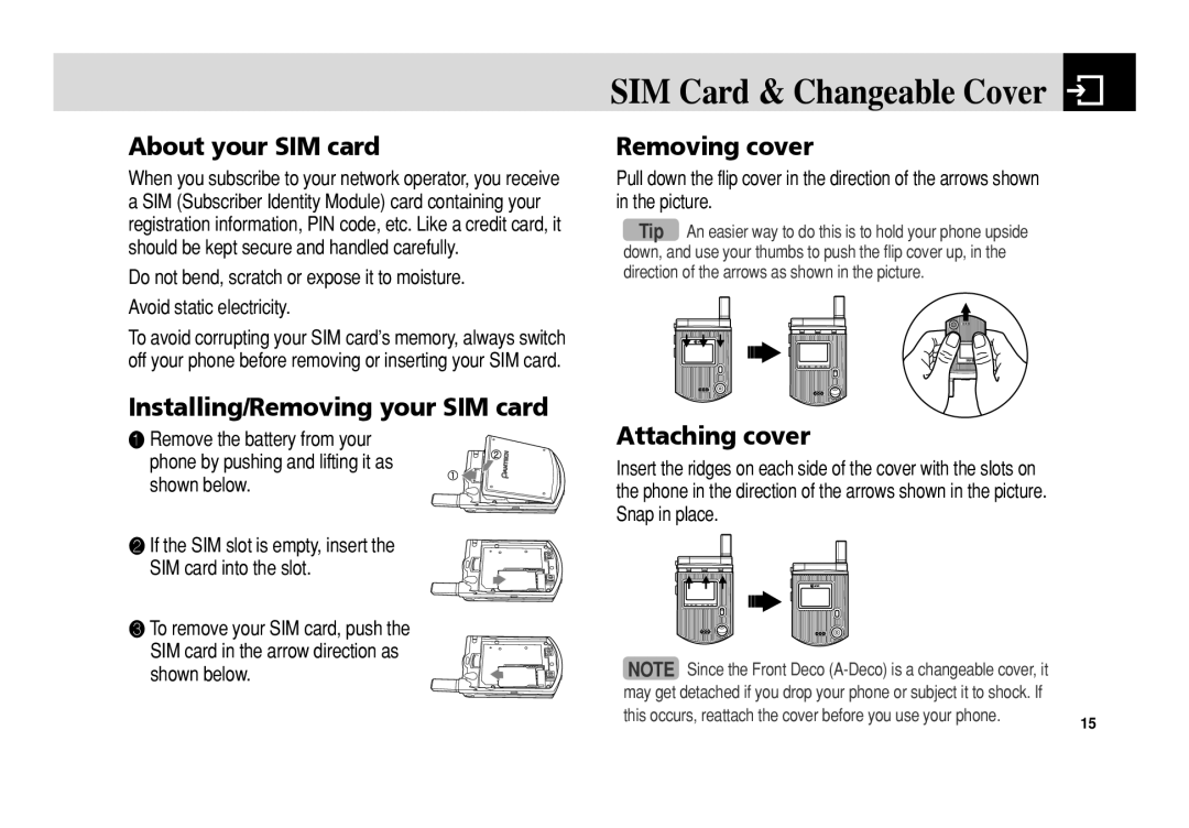 Pantech C3b manual About your SIM card, Installing/Removing your SIM card, Removing cover, Attaching cover 