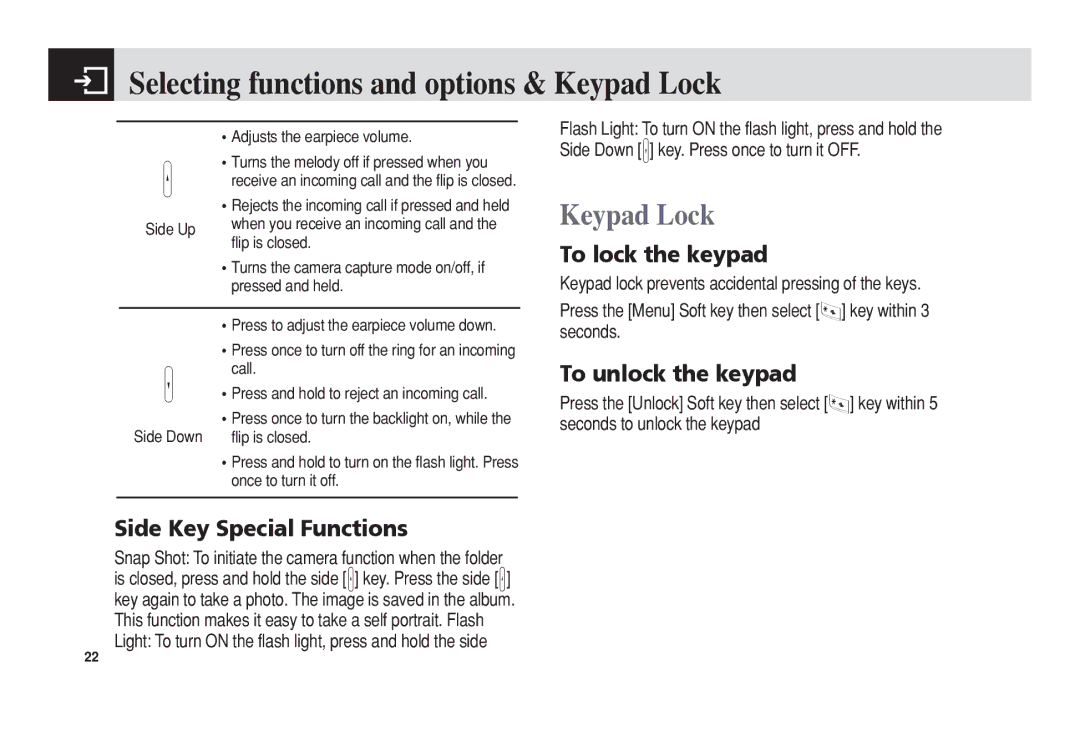 Pantech C3b manual Selecting functions and options & Keypad Lock, Side Key Special Functions, To lock the keypad 