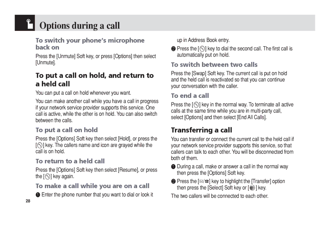 Pantech C3b manual Options during a call, To put a call on hold, and return to a held call, Transferring a call 