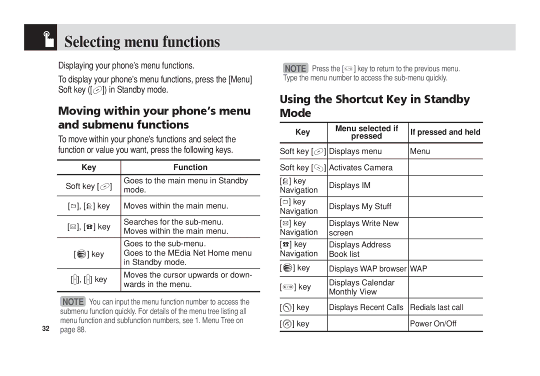 Pantech C3b manual Selecting menu functions, Moving within your phone’s menu and submenu functions 