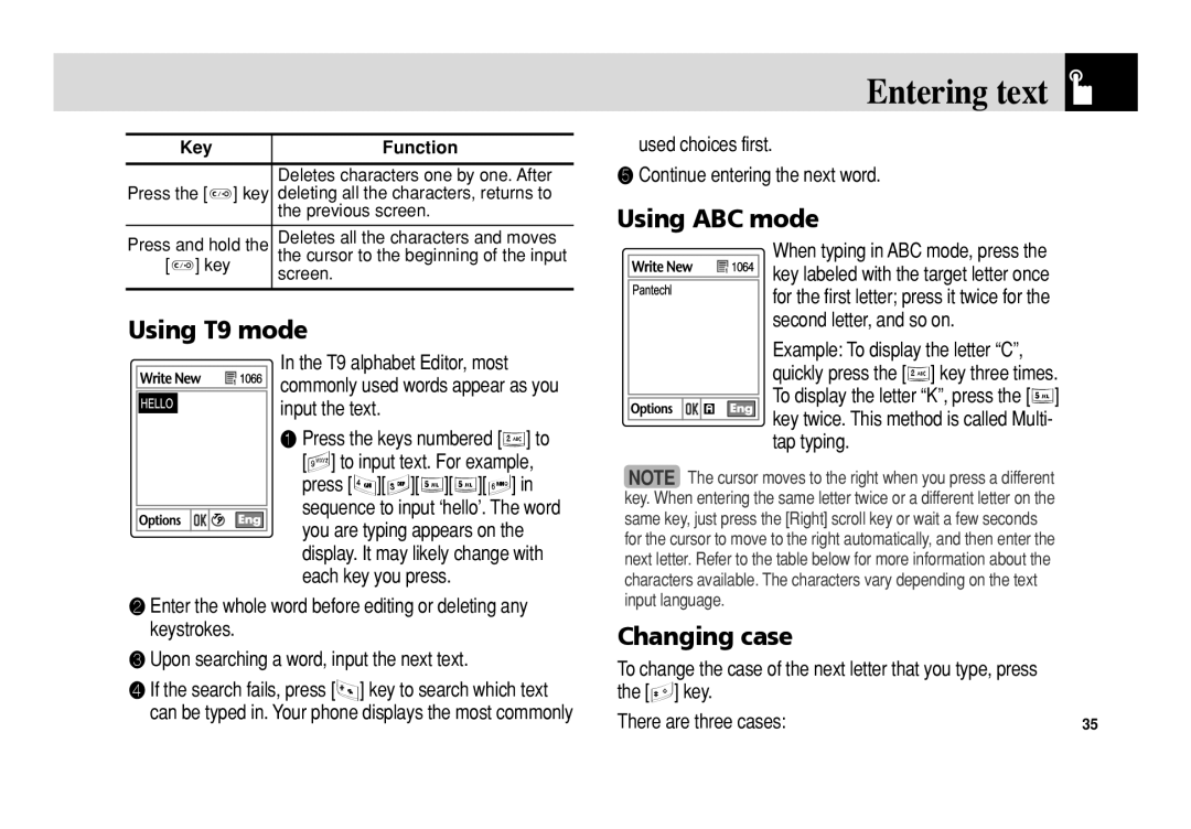 Pantech C3b manual Using T9 mode, Using ABC mode, Changing case 