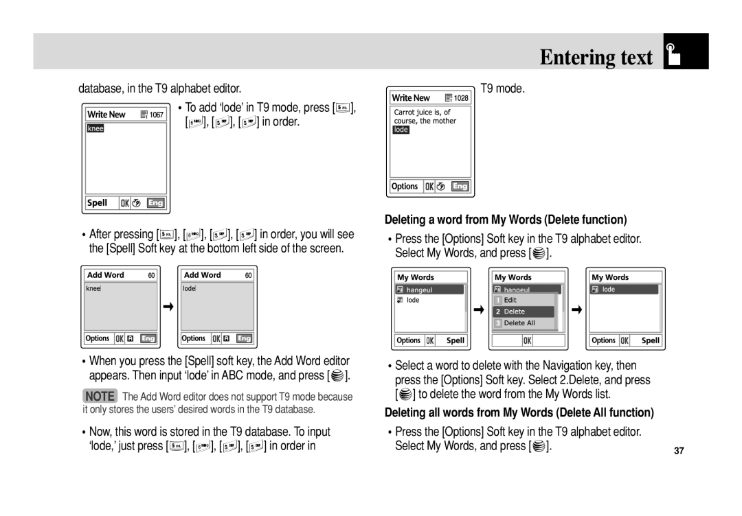 Pantech C3b manual T9 mode, Deleting a word from My Words Delete function 