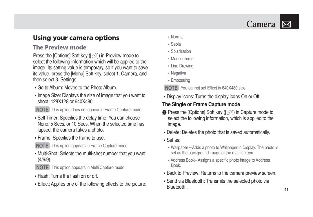 Pantech C3b manual Using your camera options, Preview mode, Display Icons Turns the display icons On or Off 