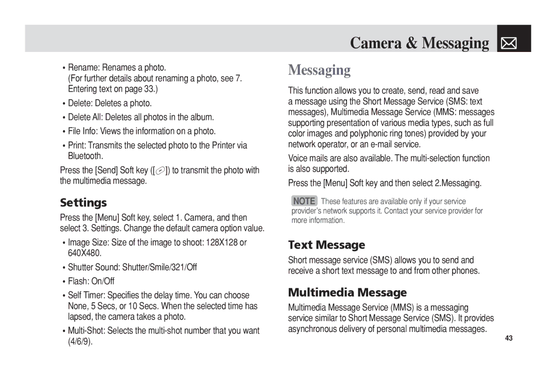 Pantech C3b manual Camera & Messaging, Settings, Text Message, Multimedia Message 