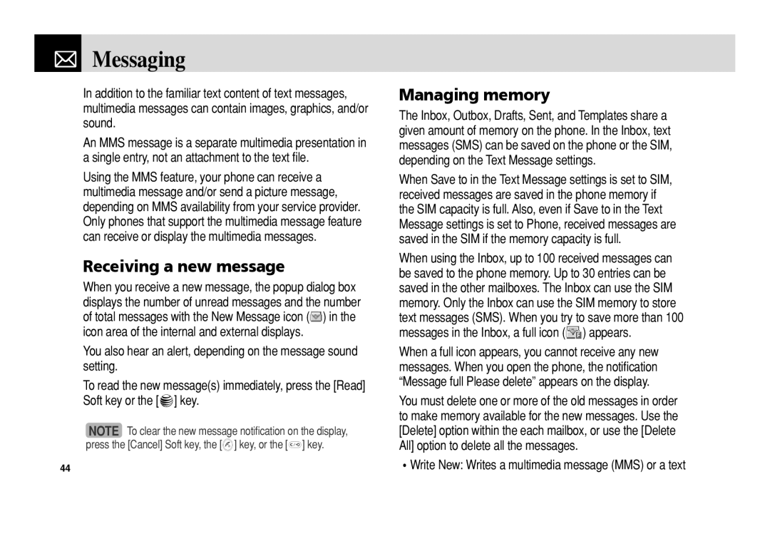 Pantech C3b manual Messaging, Receiving a new message, Managing memory 