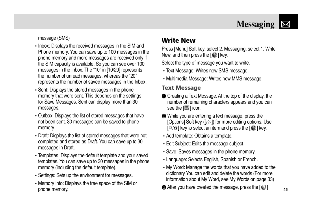 Pantech C3b manual Write New, Text Message, Message SMS, See the icon 