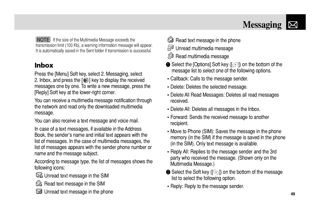 Pantech C3b manual Inbox, Press the Menu Soft key, select 2. Messaging, select 