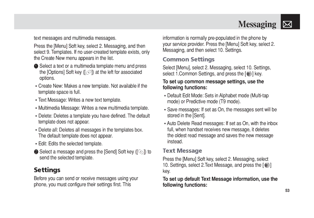 Pantech C3b manual Common Settings, Text messages and multimedia messages 