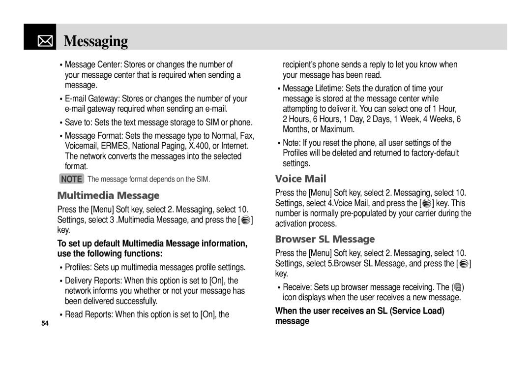 Pantech C3b manual Voice Mail, Browser SL Message, When the user receives an SL Service Load message 