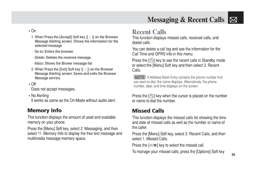 Pantech C3b manual Messaging & Recent Calls, Memory Info, Missed Calls, Off Does not accept messages No Alerting 