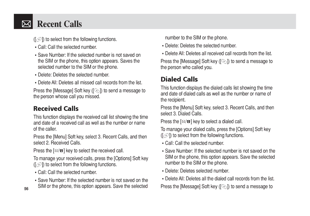 Pantech C3b Recent Calls, Received Calls, Dialed Calls, Delete Deletes the selected number, Delete Deletes selected number 