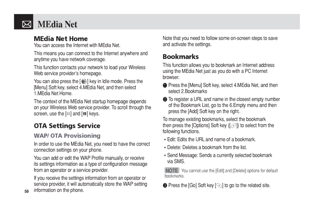 Pantech C3b manual MEdia Net Home, OTA Settings Service, Bookmarks, WAP/ OTA Provisioning 