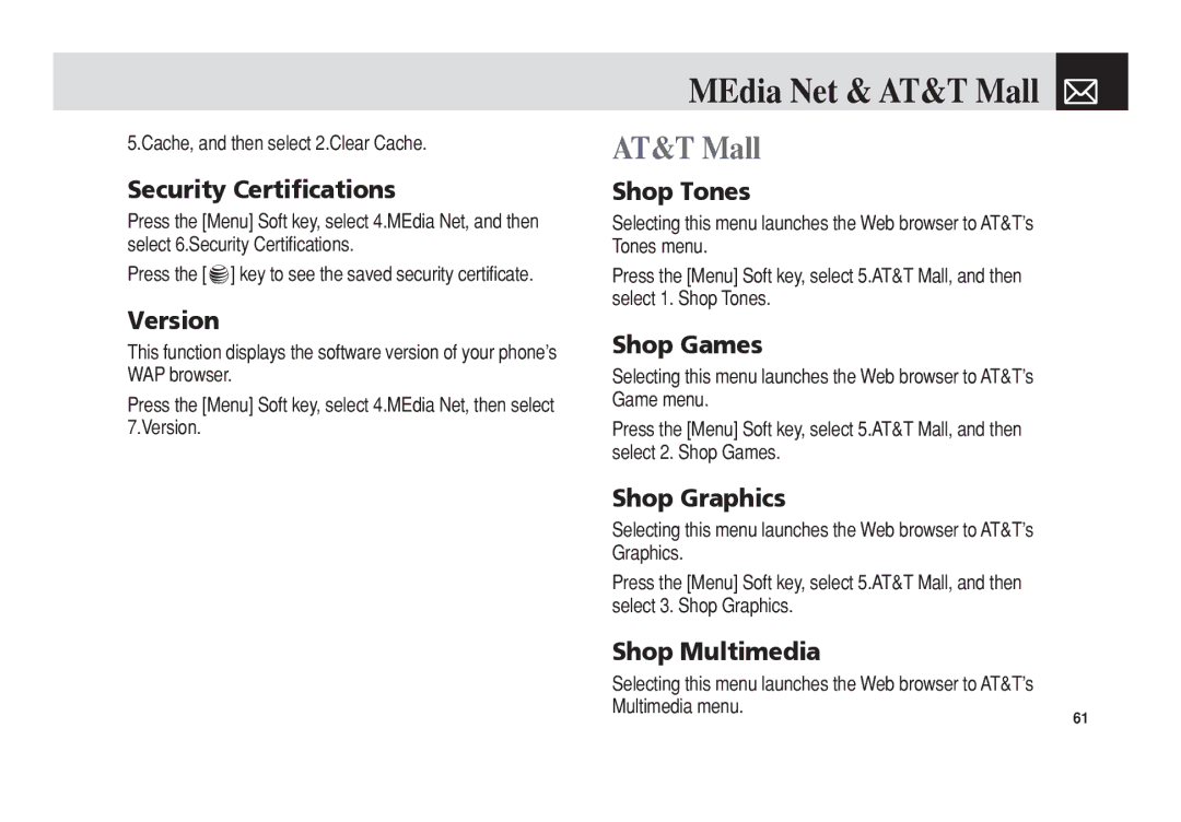 Pantech C3b manual MEdia Net & AT&T Mall 