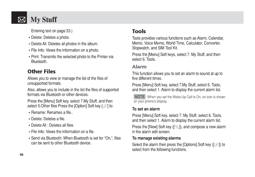 Pantech C3b manual Other Files, Tools, Alarm, To set an alarm, To manage existing alarms 