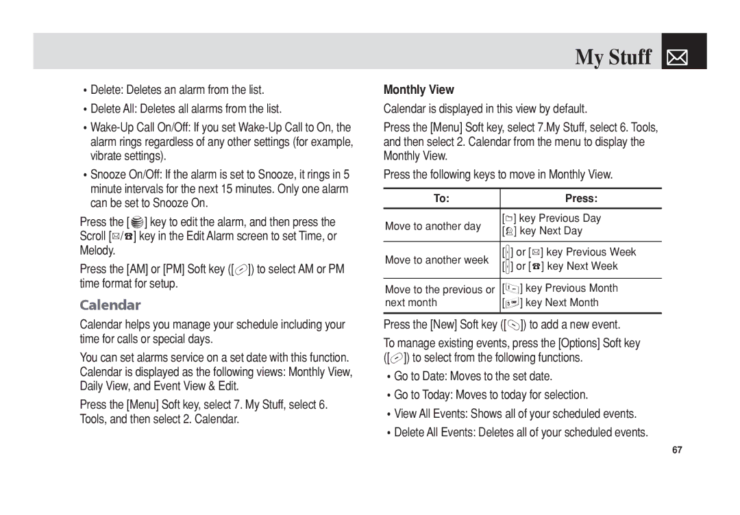 Pantech C3b manual Calendar, Monthly View, Press the New Soft key to add a new event 