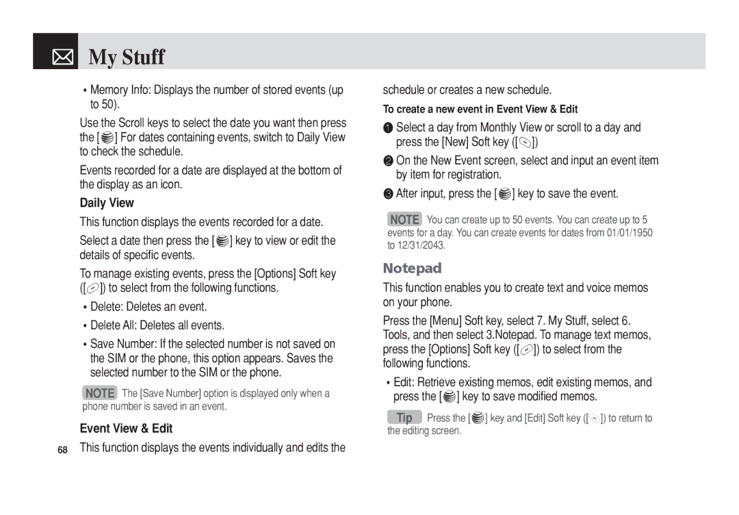 Pantech C3b manual Daily View, Delete Deletes an event Delete All Deletes all events, Event View & Edit 