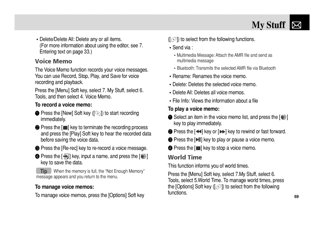 Pantech C3b manual Voice Memo, World Time, To record a voice memo, To manage voice memos, To play a voice memo 