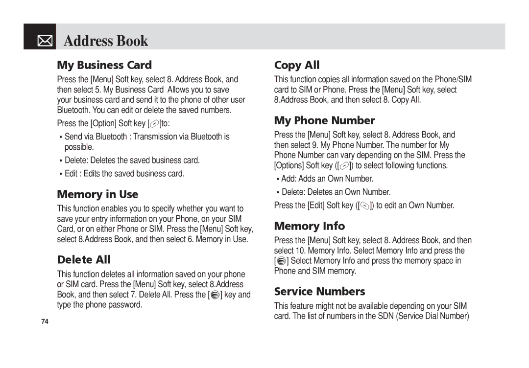 Pantech C3b manual My Business Card, Memory in Use, Delete All, Copy All, My Phone Number, Service Numbers 