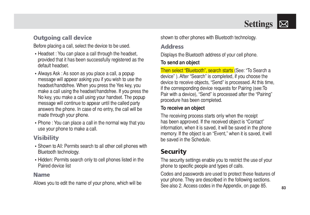 Pantech C3b manual Security, Outgoing call device, Visibility, Name, Address 