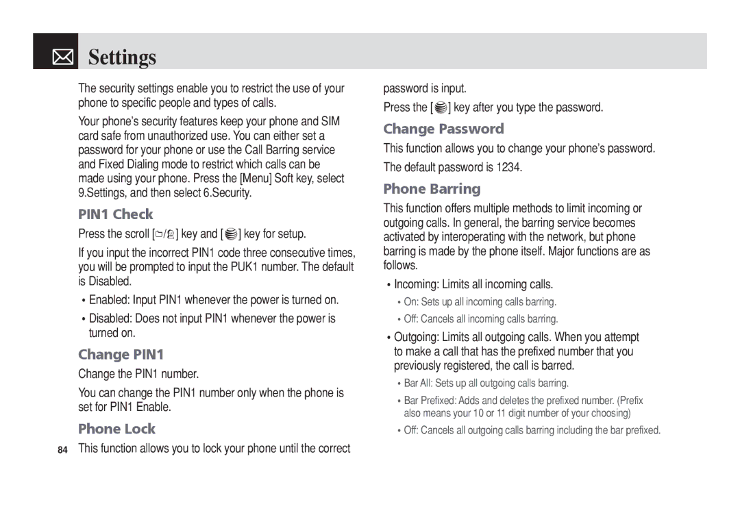 Pantech C3b manual PIN1 Check, Change PIN1, Phone Lock, Change Password, Phone Barring 