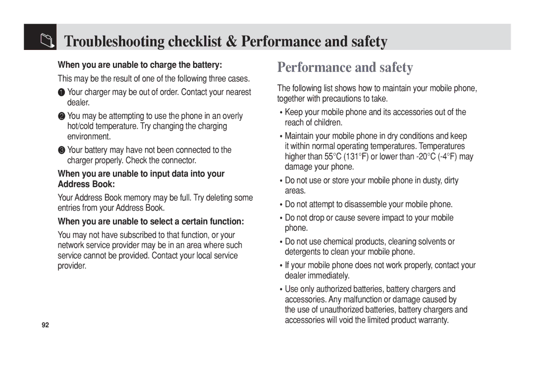 Pantech C3b manual Troubleshooting checklist & Performance and safety, When you are unable to charge the battery 