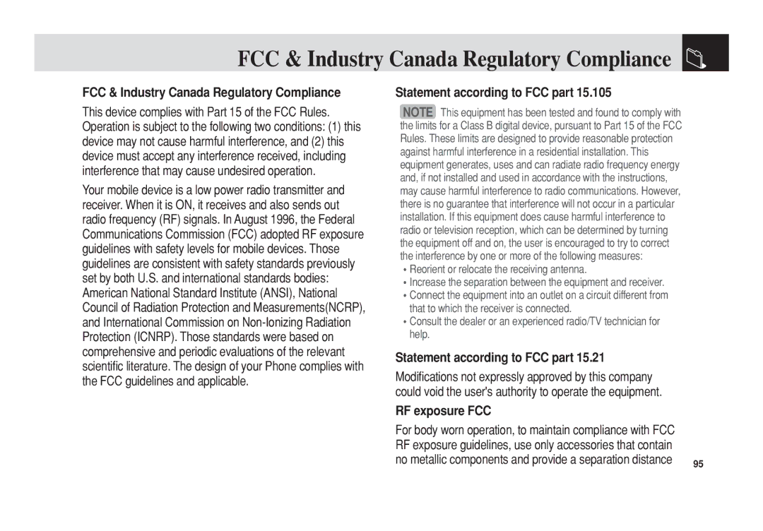 Pantech C3b manual FCC & Industry Canada Regulatory Compliance, Statement according to FCC part, RF exposure FCC 