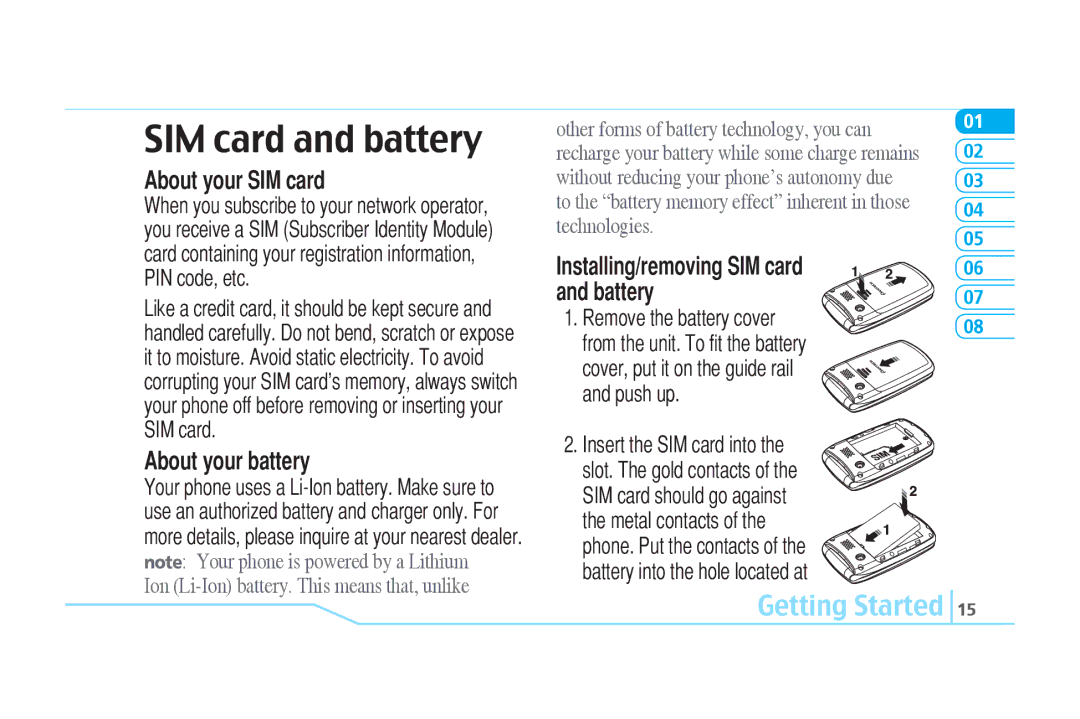 Pantech C520 manual About your SIM card, About your battery, Installing/removing SIM card and battery 