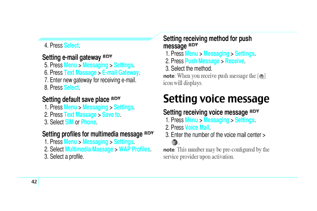 Pantech C520 manual Setting voice message, Setting e-mail gateway ADV, Setting default save place ADV 