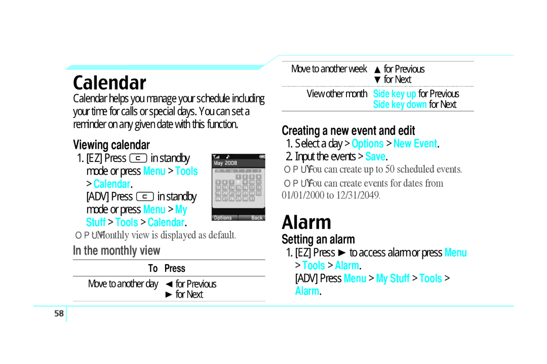 Pantech C520 manual Calendar, Alarm, Monthly view 