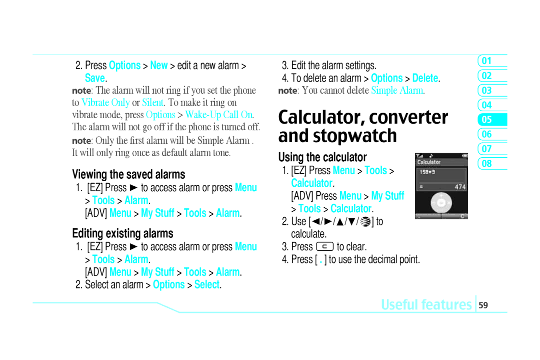 Pantech C520 Calculator, converter and stopwatch, Viewing the saved alarms, Editing existing alarms, Using the calculator 