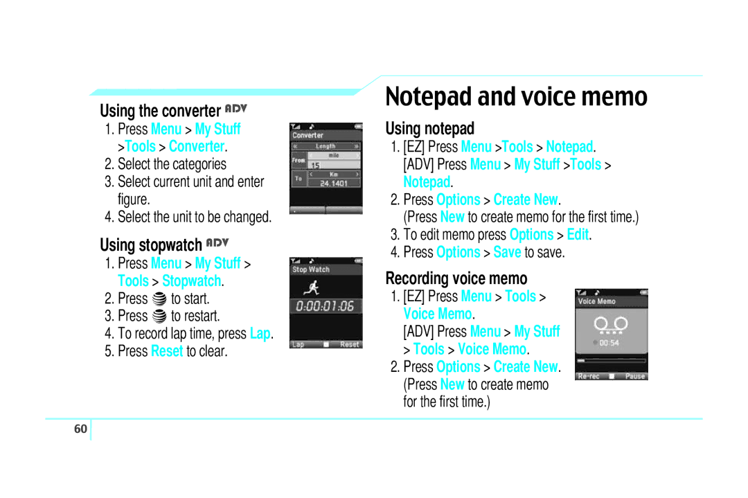 Pantech C520 manual Using the converter ADV, Using stopwatch ADV, Using notepad, Recording voice memo 