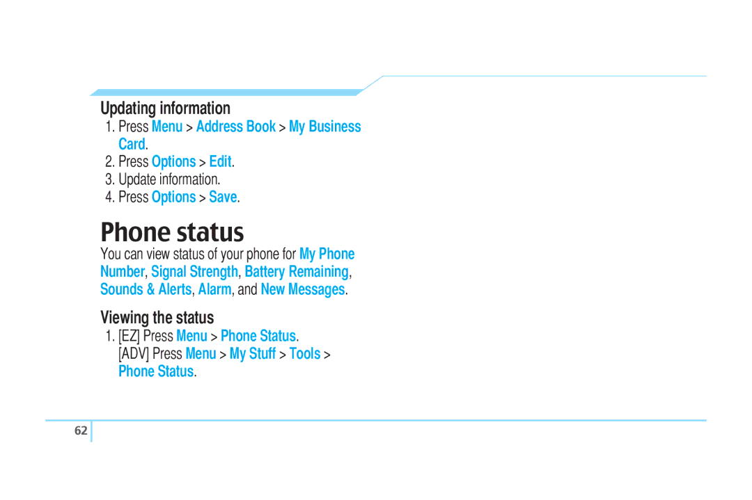 Pantech C520 manual Phone status, Updating information, Viewing the status 