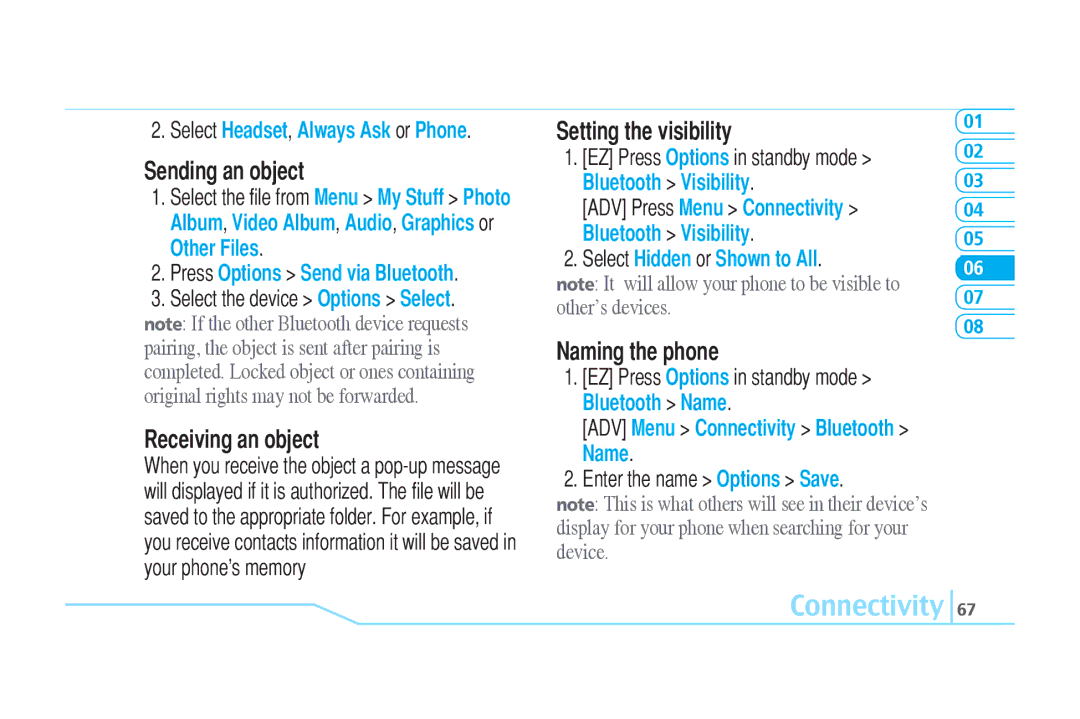 Pantech C520 manual Sending an object, Receiving an object, Setting the visibility, Naming the phone 