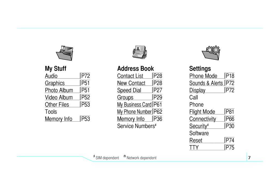 Pantech C520 manual My Stuff Address Book Settings, Service Numbers S 