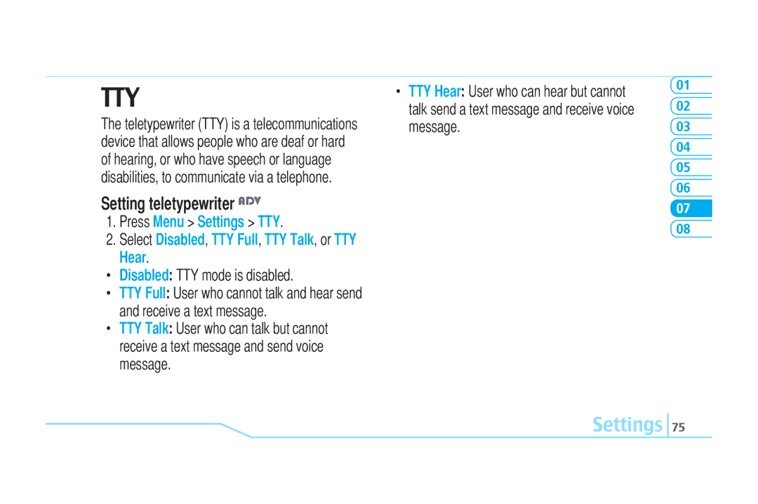 Pantech C520 manual Tty, Setting teletypewriter ADV 