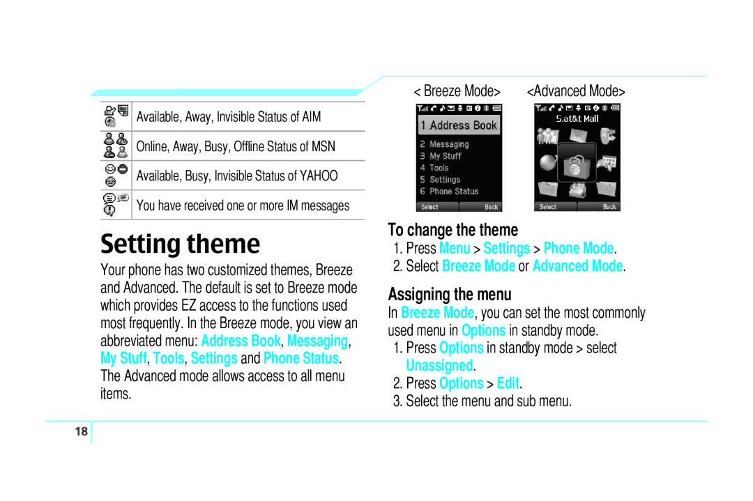 Pantech C520 Setting theme, To change the theme, Assigning the menu, Available, Away, Invisible Status of AIM, Breeze Mode 