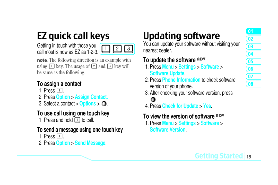 Pantech C520 manual EZ quick call keys, Updating software, To assign a contact, To use call using one touch key 