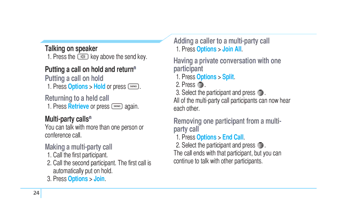 Pantech C520 manual Returning to a held call, Making a multi-party call, Adding a caller to a multi-party call 