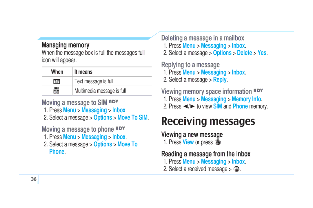 Pantech C520 manual Receiving messages, Moving a message to SIM ADV, Moving a message to phone ADV, Replying to a message 