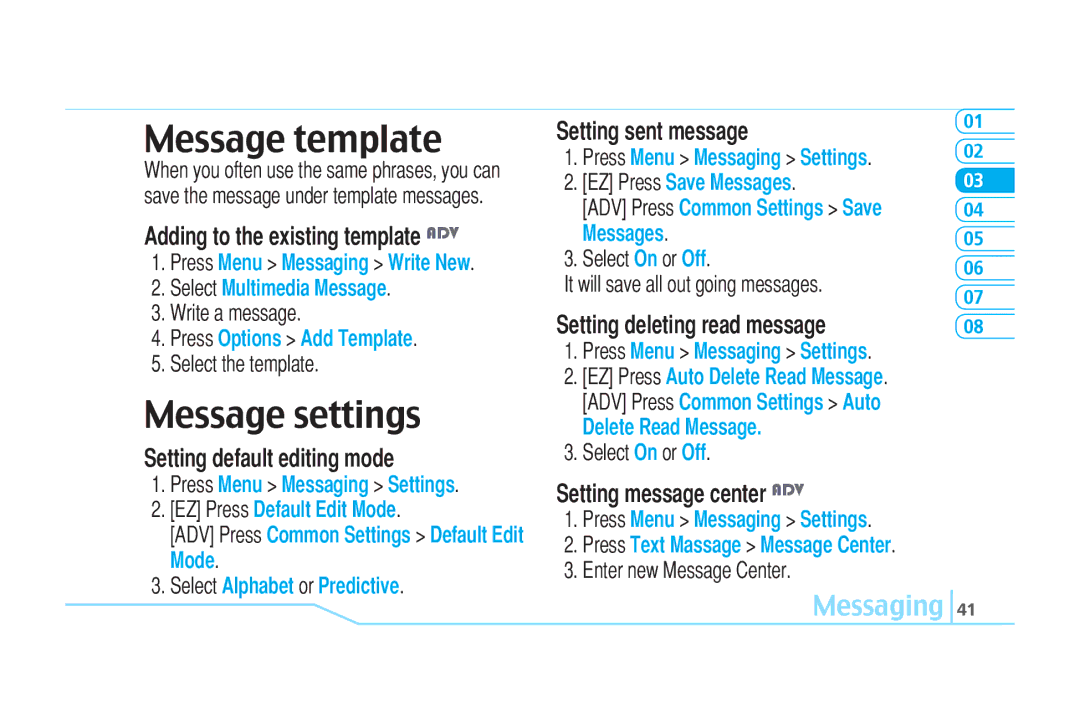 Pantech C520 manual Message template, Message settings, Setting default editing mode, Setting message center ADV 