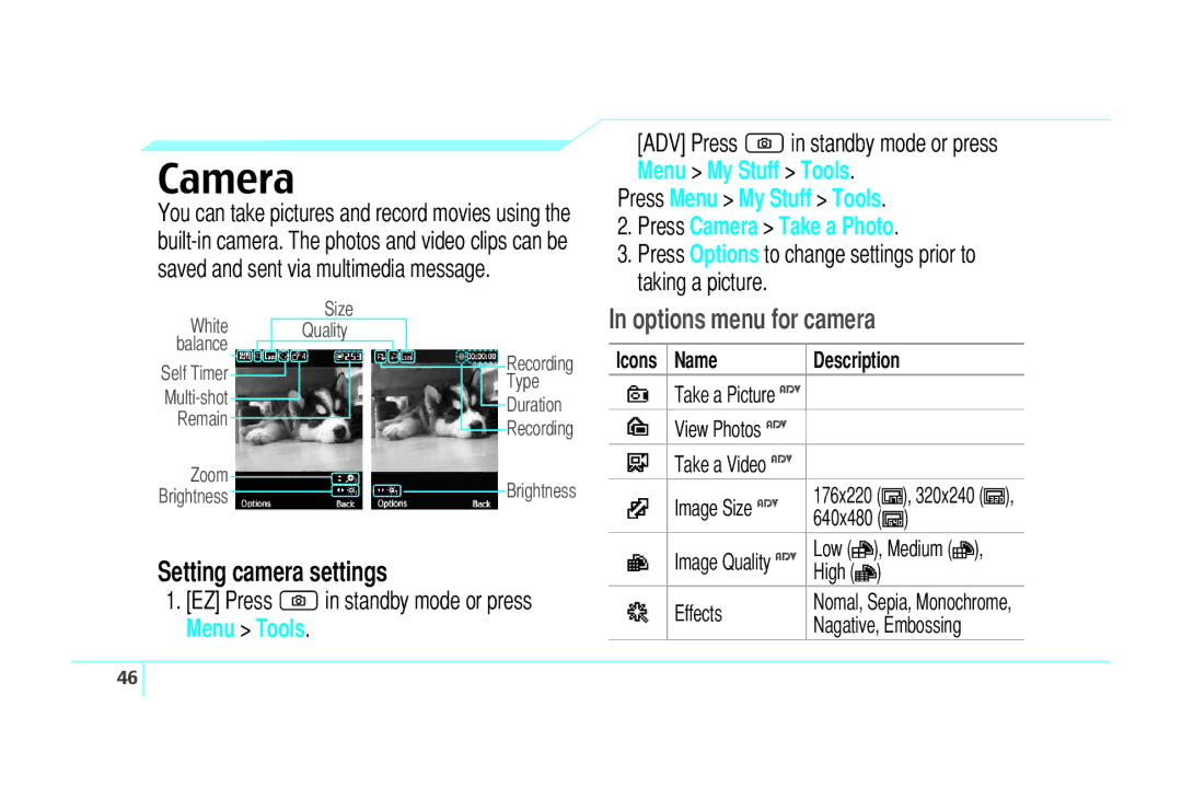 Pantech C520 manual Camera, Options menu for camera, Setting camera settings, Icons Name Description 