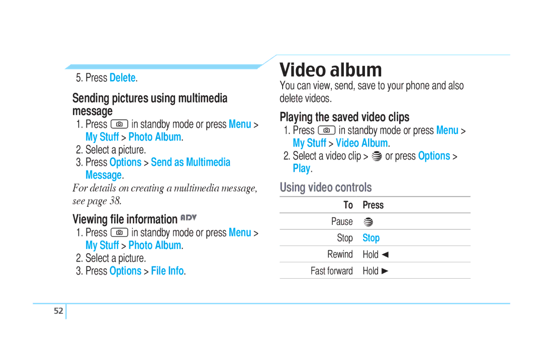 Pantech C520 Video album, Sending pictures using multimedia message, Viewing ﬁle information ADV, Using video controls 