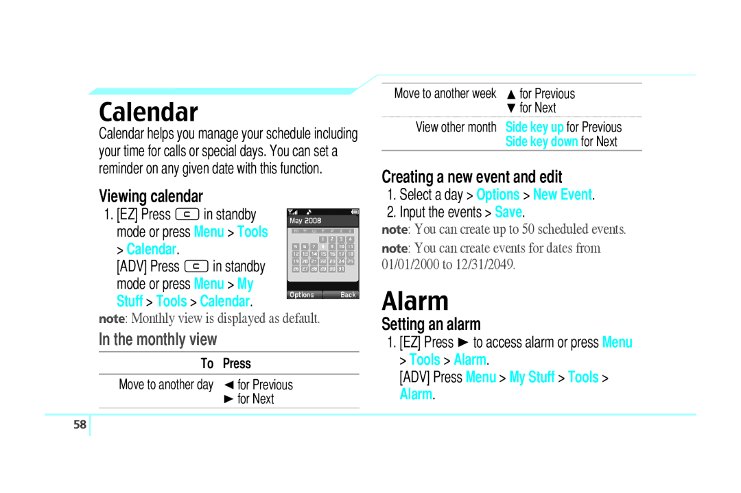 Pantech C520 manual Calendar, Alarm, Monthly view 