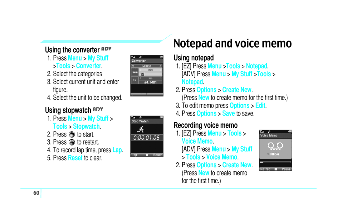 Pantech C520 manual Using the converter ADV, Using stopwatch ADV, Using notepad, Recording voice memo 