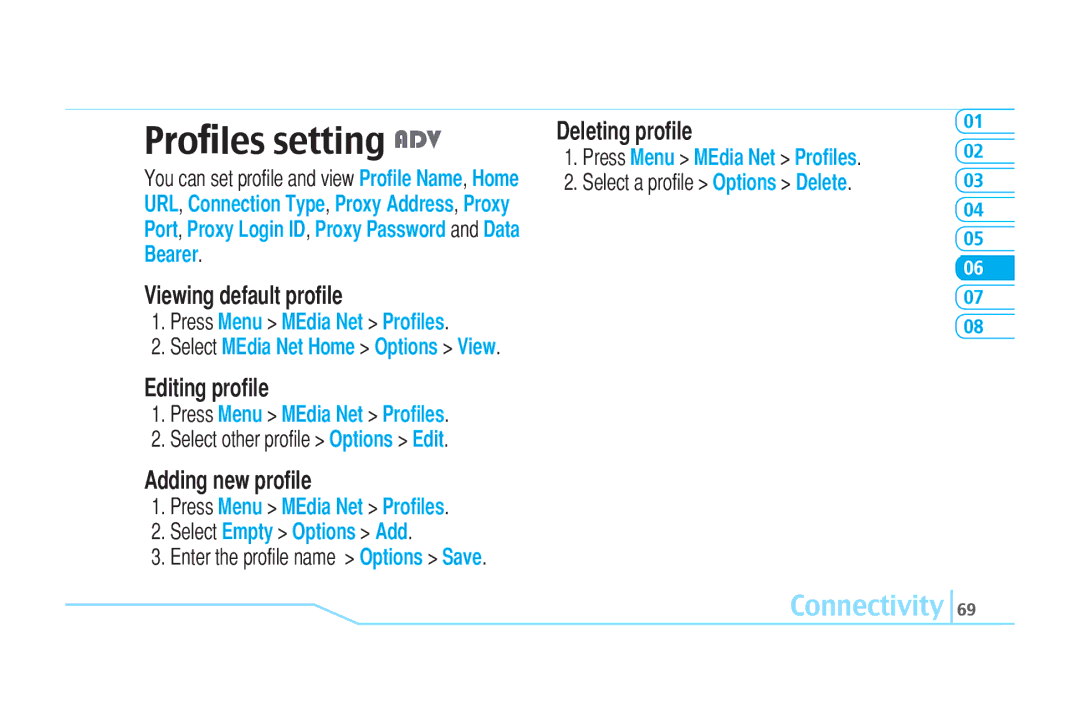 Pantech C520 manual Proﬁles setting ADV, Viewing default proﬁle, Editing proﬁle, Adding new proﬁle, Deleting proﬁle 