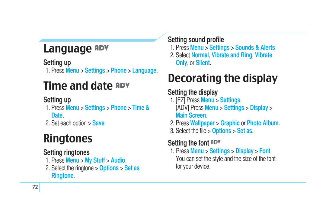 Pantech C520 manual Language ADV, Time and date ADV, Ringtones, Decorating the display 