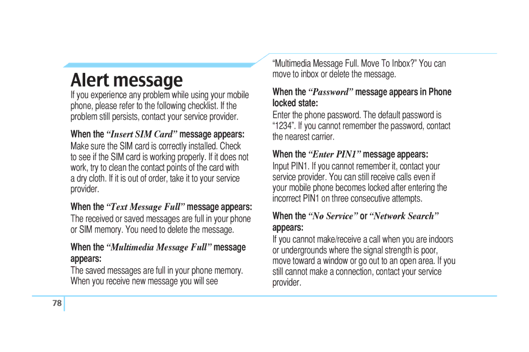 Pantech C520 Alert message, When the Password message appears in Phone locked state, When the Enter PIN1 message appears 