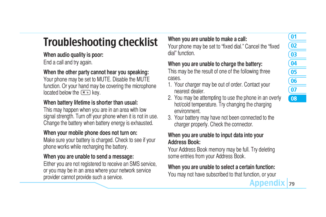 Pantech C520 manual Troubleshooting checklist, When audio quality is poor, When your mobile phone does not turn on 