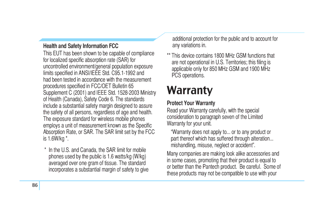 Pantech C520 manual Health and Safety Information FCC, Protect Your Warranty, Mishandling, misuse, neglect or accident 