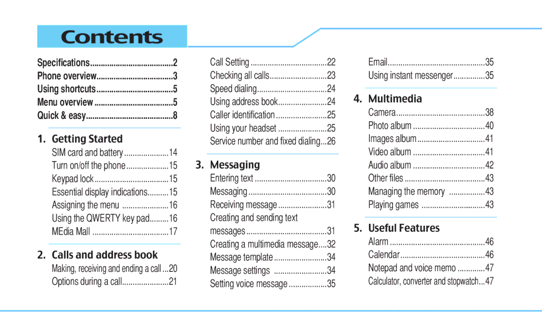 Pantech C530 manual Contents 